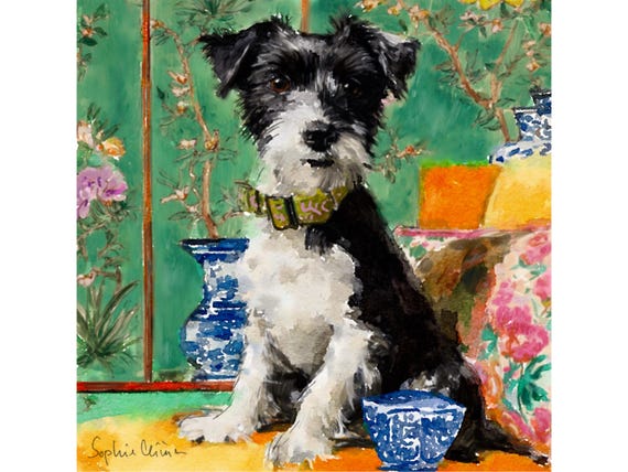 Chinoiserie Terrier Art Print: Watercolor Dog Portrait, Grandmillennial Decor
