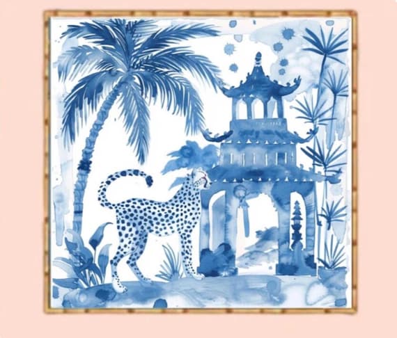 Blue and white chinoiserie cheetah in pagoda garden art print