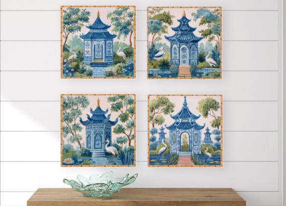 Chinoiserie Herons and Egrets in Pagoda Gardens Watercolor Art Prints - Set of 4