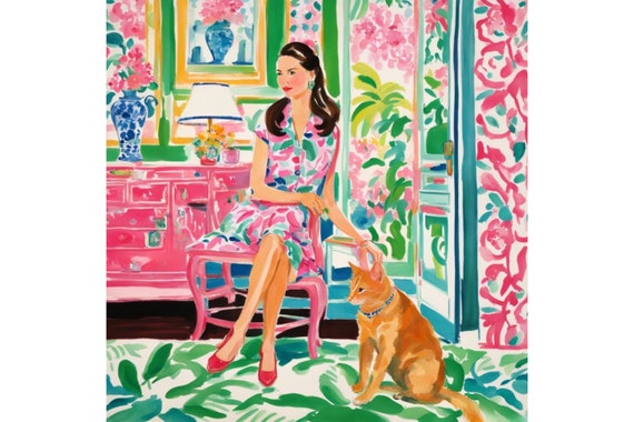 Grandmillennial art, Girl and ginger cat in preppy interior, grandmillennial whimsical print