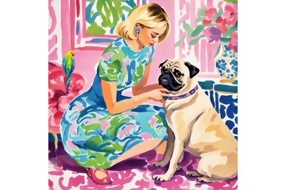 Parrot and Pug Art Print: Whimsical Preppy Wall Decor