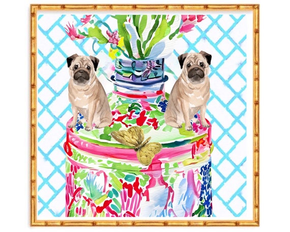 Grandmillennial art, Unique modern chinoiserie print with Bulldog pups
