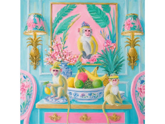 Fruit monkeys in preppy pink and turquoise chinoiserie room, signed art print
