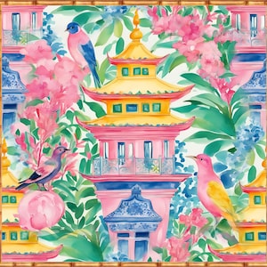 May include: A watercolor painting of a pink and yellow pagoda with blue accents. The pagoda is surrounded by pink flowers and green leaves. Two blue birds and two pink birds are perched on the pagoda and flowers.