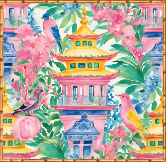 Birds of Paradise Chinoiserie Print: Preppy Pagoda Garden Watercolor