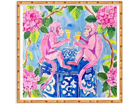 Grandmillennial art, Monkeys drinking cocktail in chinoiserie garden art print