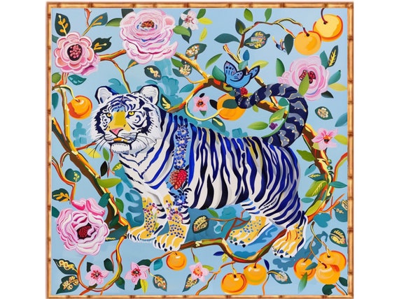 Grandmillennial art, preppy Chinoiserie tiger, whimsical chinoiserie