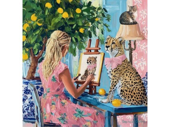 Grandmillennial art, Portrait of a cheetah with pink bow, whimsical fine art
