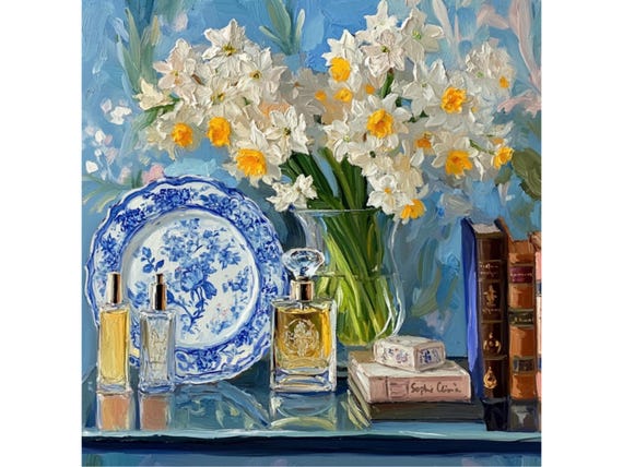 grandmillennial art, Still life with daffodils and blue and white plate,  oil painting