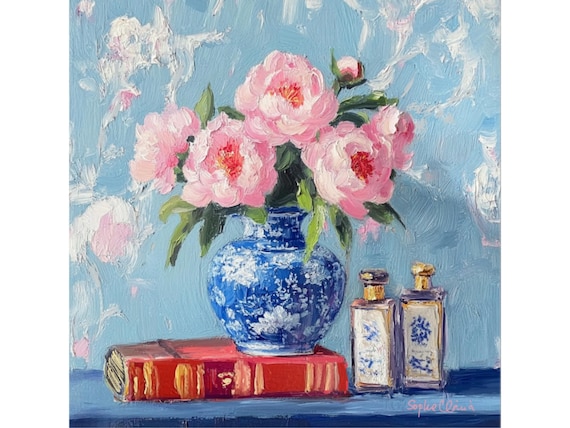grandmillennial art, Still life with pink peonies in blue and white vase,  oil painting