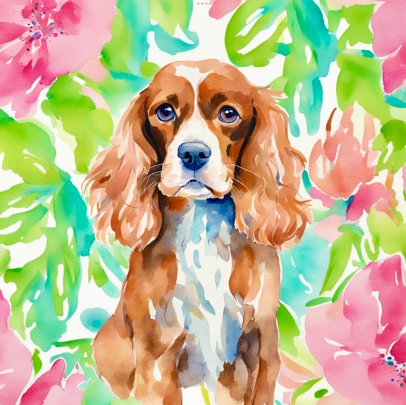 Grandmillennial art, Preppy Cocker Spaniel dog, fine art giclee print