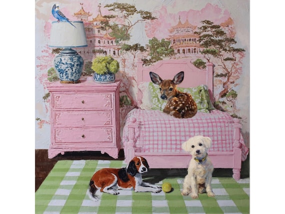 Grandmillennial art, In the Guestroom, Whimsical animals giclee