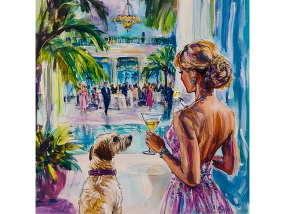 Grandmillennial art, The Partygoers, whimsical watercolor and pen sketch