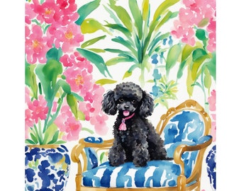 Grandmillennial art, Black Poodle on a Blue Chair, whimsical fine art