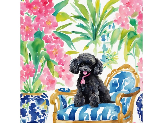 Grandmillennial art, Black Poodle on a Blue Chair, whimsical fine art