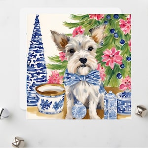 Carte de Noël pour les fêtes : adorable terrier parmi des pots de chinoiseries et un sapin de Noël