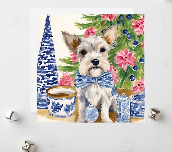 Watercolor Terrier Christmas Card: Chinoiserie Holiday Greeting (Set of 10)