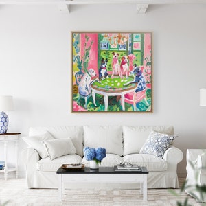 May include: A painting of five dogs playing cards around a table in a brightly colored room. The dogs are wearing collars and are sitting on chairs. The room has pink walls, green floors, and a chandelier.
