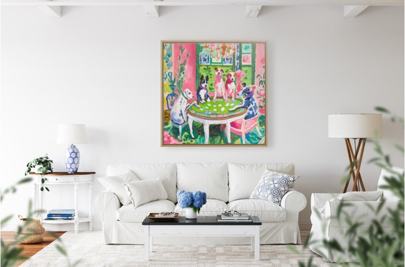 May include: A painting of five dogs playing cards around a table in a brightly colored room. The dogs are wearing collars and are sitting on chairs. The room has pink walls, green floors, and a chandelier.