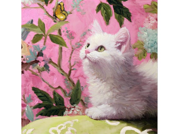 Grandmillennial art, White cat and a butterfly in pink room, , whimsical cat art