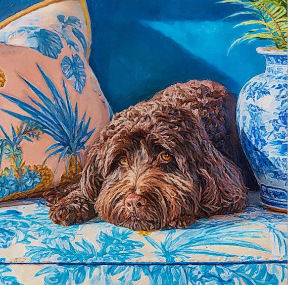 Grandmillennial art, Chocolate Cockapoo in Indigo Chinoiserie Room, whimsical coastal dog art