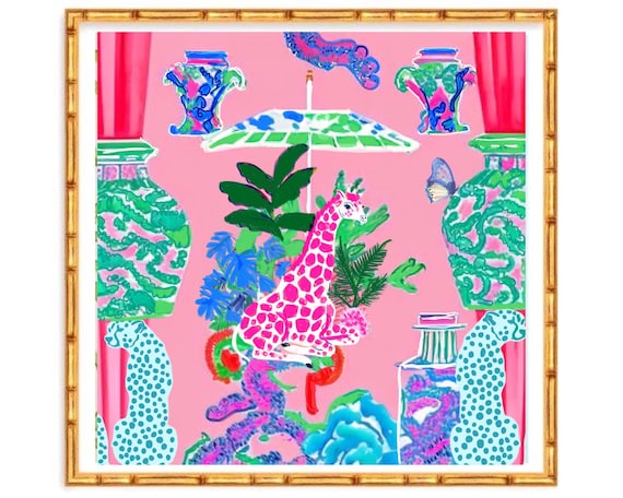 Grandmillennial art, Instant download Pink giraffe under green umbrella, preppy chinoiserie watercolor and markers