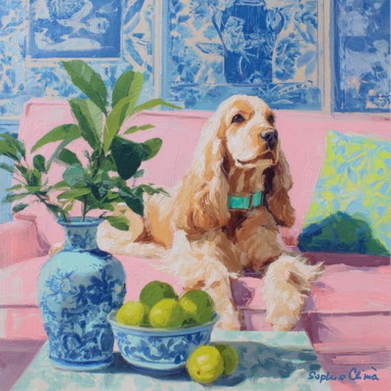 Whimsical Grandmillennial Art: Nostalgic Coastal Cocker Spaniel giclee print