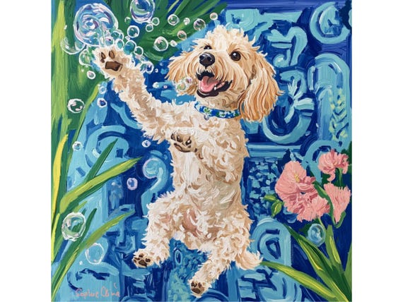 Grandmillennial art, Bubble Billy, whimsical Labradoodle art