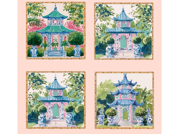 Chinoiserie pink and turquoise Pagoda Watercolor Art Prints - Set of 4