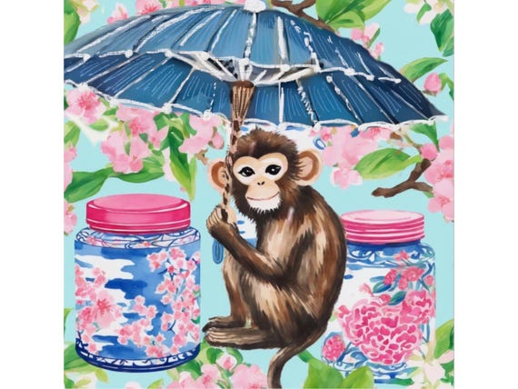 Grandmillennial art, Monkey with blue umbrella, chinoiserie art print