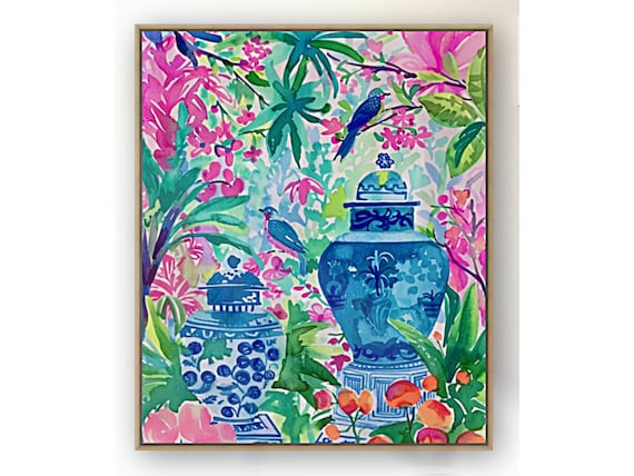 Grandmillennial art, chinoiserie panel watercolor