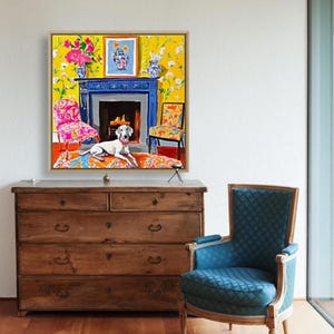 Original watercolor and ink sketch, Lurcher dog in yellow chinoiserie interior, 40x40cm bild 6