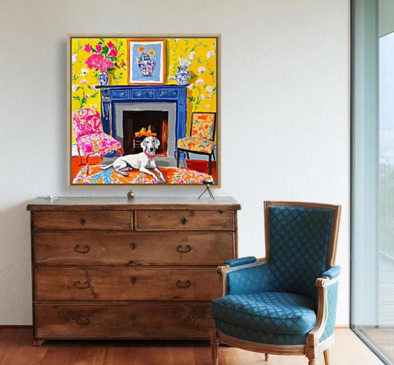 Original watercolor and ink sketch, Lurcher dog in yellow chinoiserie interior, 40x40cm bild 6