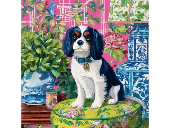 Preppy Cavalier King Charles Art Print: Grandmillennial Chinoiserie Dog Portrait