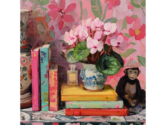 Cyclamen in ginger jar and a cheeky monkey, grandmillennial art, still life oil painting
