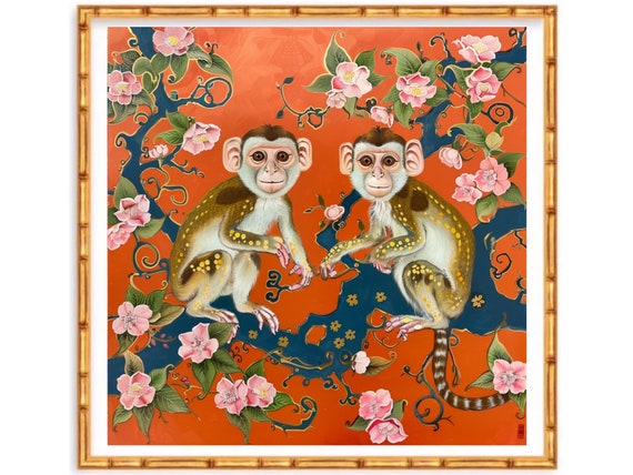 Chinoiserie monkeys on orange, chinoiserie wall arr