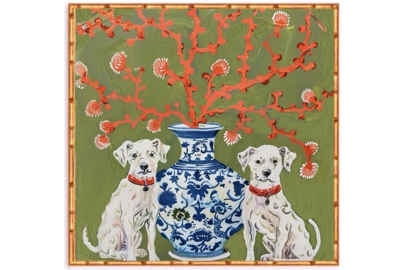 Grandmillennial art, Chinoiserie dogs and coral branch on khaki art print