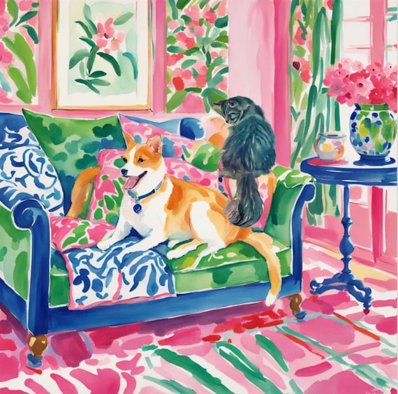 Grandmillennial art, Cat and dog in preppy interior, whimsical watercolor