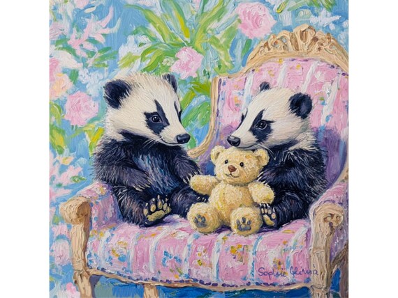 Grandmillennial art, Playday, badgers whimsical art