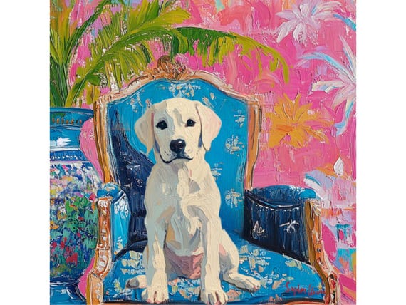 Grandmillennial art, Labrador puppy on a blue chair, whimsical fine art