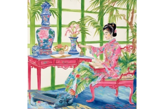 Grandmillennial art, the painter and the sleeping dragon, whimsical chinoiserie giclee print