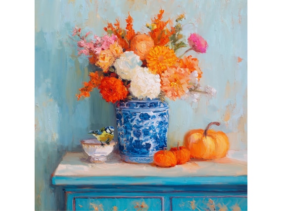 Chinoiserie Fall Art Print: Blue Vase, Pumpkins & Bird
