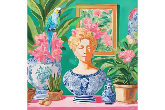 Grandmillennial art, Chinoiserie interior with a blue parrot, giclee print