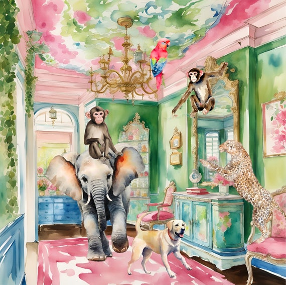 Grandmillennial art, Elephant in the room, whimsical watercolor