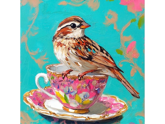 Grandmillennial art, Sparrow on Pink Teacup, oil painting