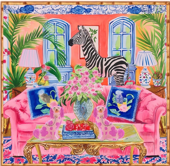 Grandmillennial art, Zebra and Staffordshire dogs in preppy chinoiserie interior, whimsical watercolor