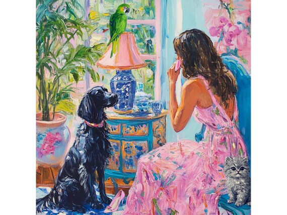 Grandmillennial Dog Art Print: Whimsical Chinoiserie Style