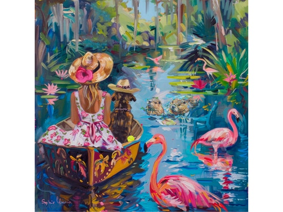 Grandmillennial art, Pink Flamingo Watch, whimsical fine art