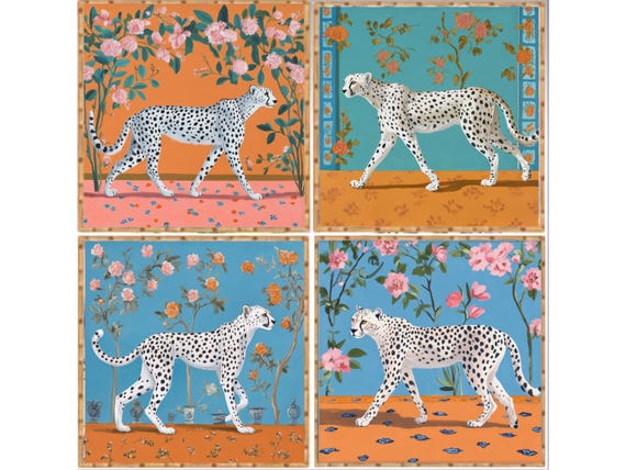 Cheetah Chinoiserie Art Prints: Pagoda Garden Set of 4