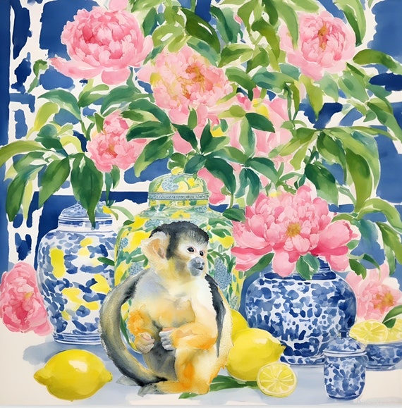 Grandmillennial art, Monkey among lemons and chinoiserie jars